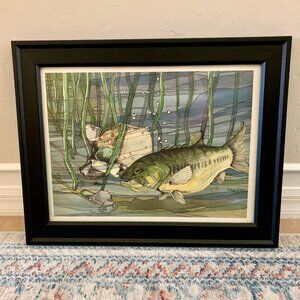 Fish Art Ink and Watercolor Large Mouth Bass Artist Signed Framed Painting Print